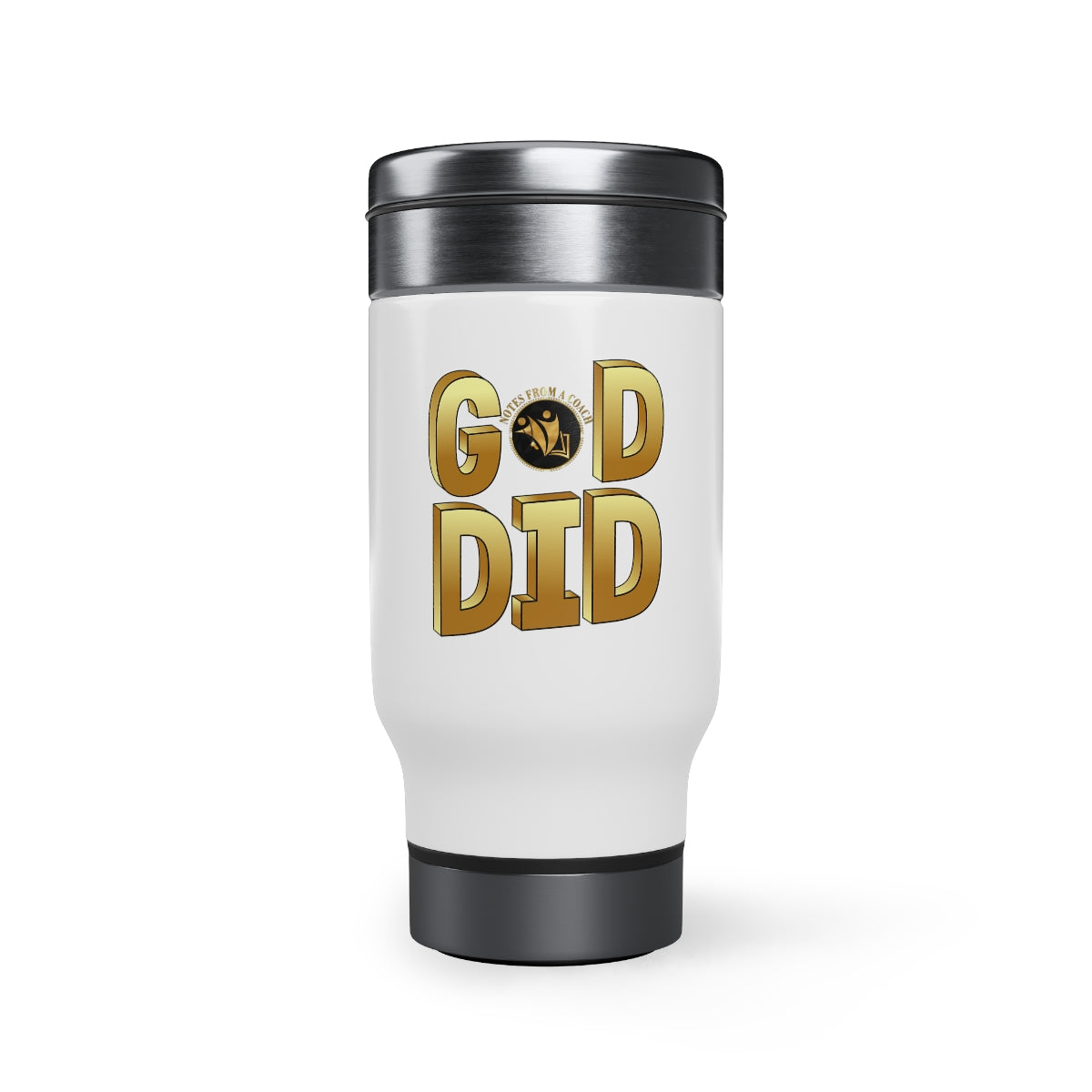 'God Did' Gold Text Stainless Steel Travel Mug with Handle, 14oz